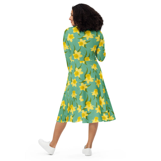 Daffodil All-over print long sleeve midi dress - Carmel Rimmer Art