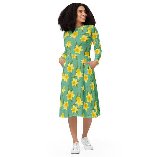 Daffodil All-over print long sleeve midi dress - Carmel Rimmer Art