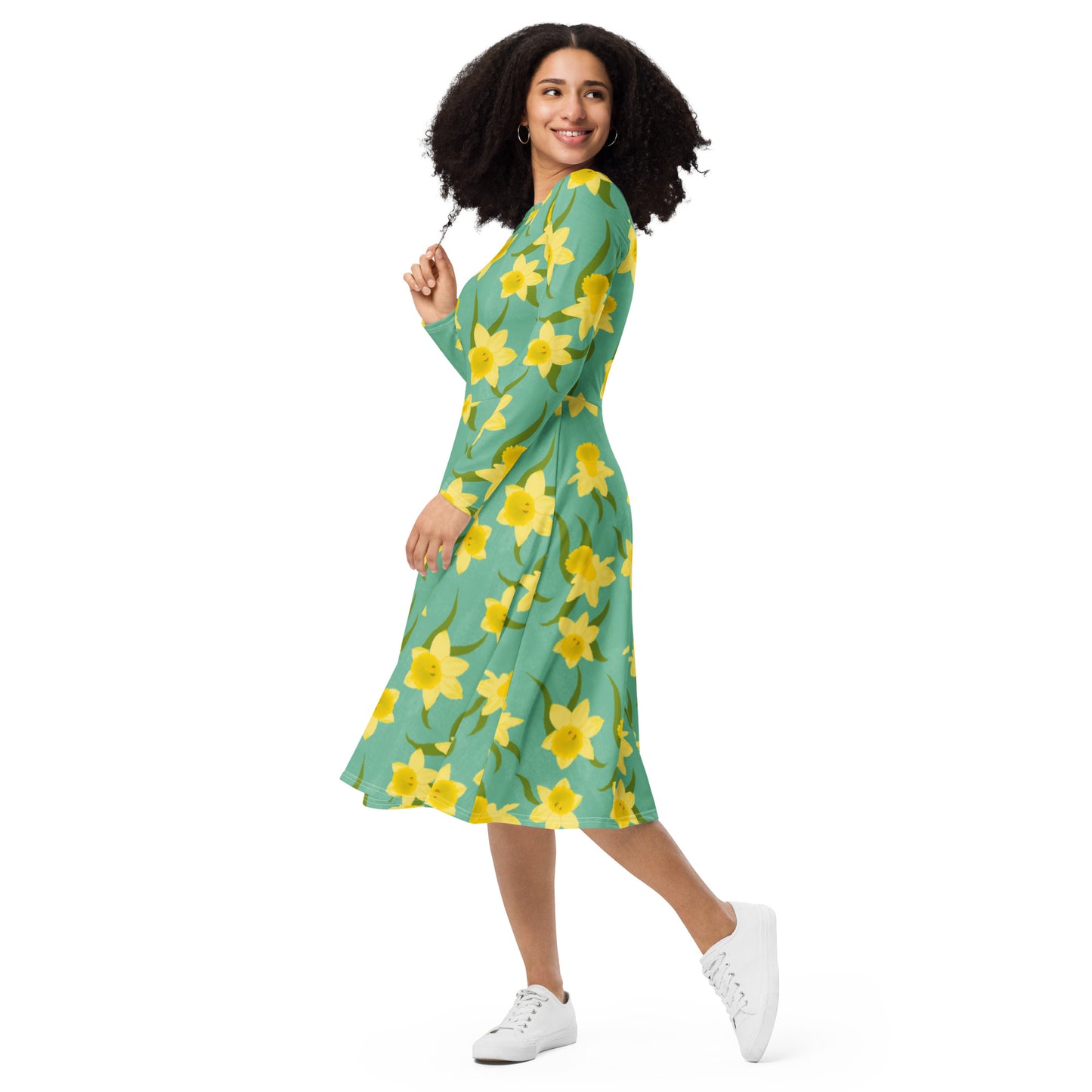 Daffodil All-over print long sleeve midi dress - Carmel Rimmer Art