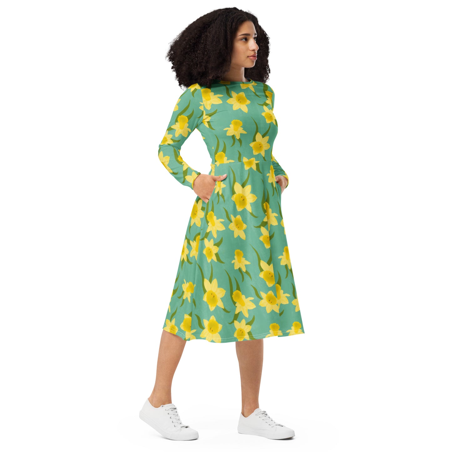 Daffodil All-over print long sleeve midi dress - Carmel Rimmer Art